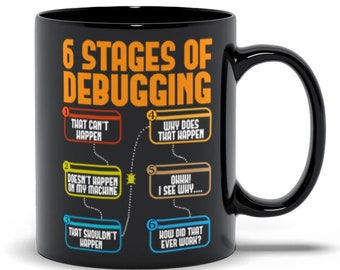 Taza de 6 etapas de depuración, regalo de ingeniero de software, taza de programador divertido, taza de café codificador, taza para desarrolladores, regalo nerd, regalos de probador de código