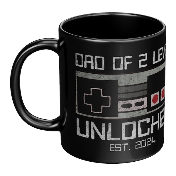 Dad of 2 Mug, Vintage Gaming Controller Design Coffee Mug, Pregnancy Announcement Mug, Retro Gamer Gift, Classic 80s Video Game Theme Mug