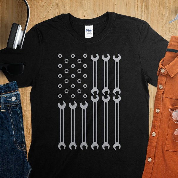 Men's Graphic T-Shirt with White Mechanics Tools Pattern, Perfect for Casual Outfit, Mechanic T Shirt, Gifts For Dads, USA Flag Patriotic