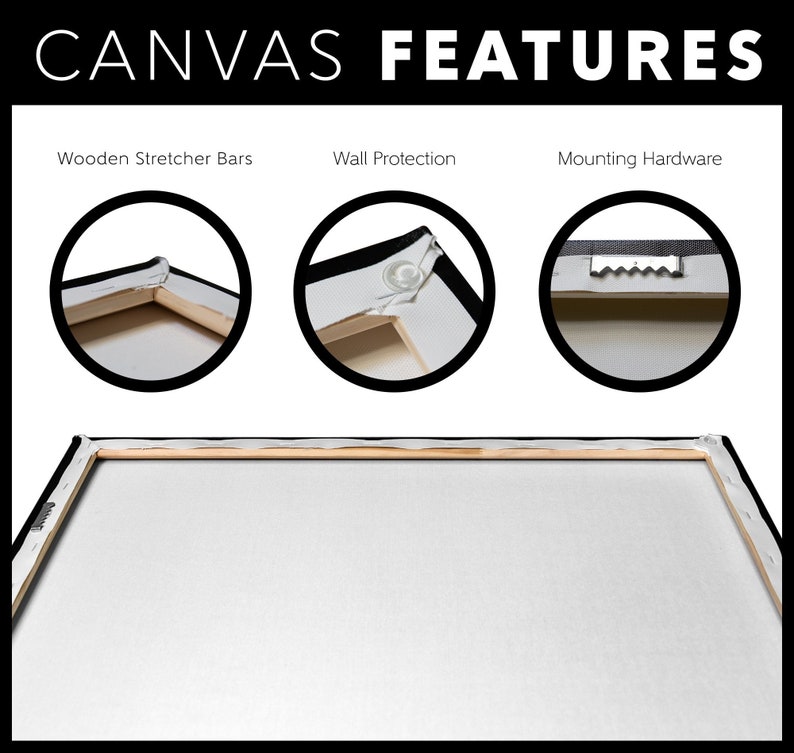 May include: Close-up of a canvas print with wooden stretcher bars, wall protection, and mounting hardware. The canvas is white and the stretcher bars are a light wood color. The wall protection is a small, black, round piece of plastic that is attached to the back of the canvas. The mounting hardware is a small, silver, metal hook that is attached to the back of the canvas.