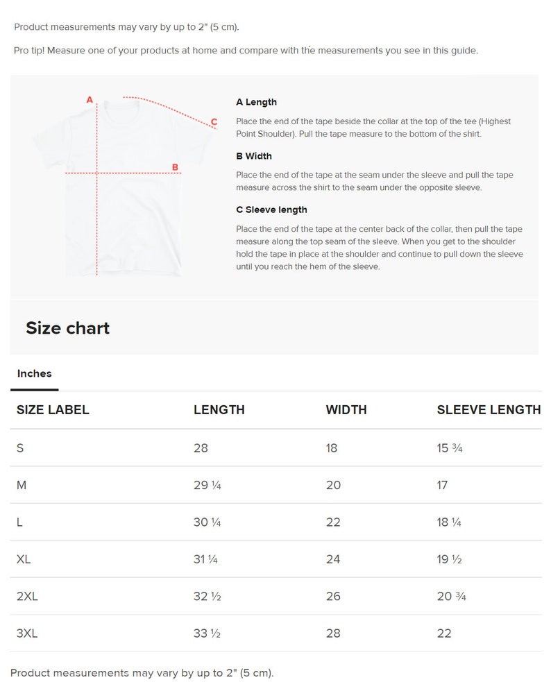 May include: Size chart for a t-shirt with measurements in inches for length, width, and sleeve length. Sizes range from S to 3XL.