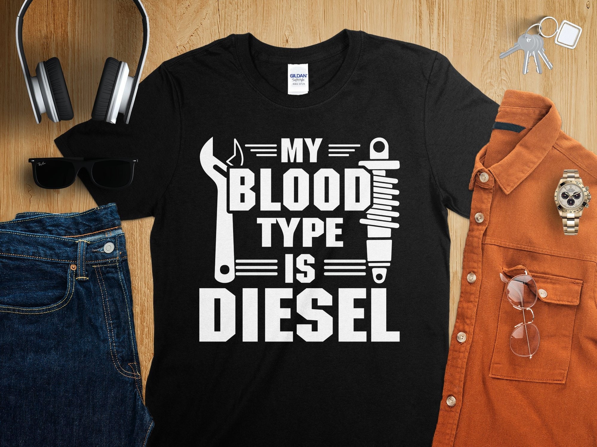 T-shirt pour mécanicien diesel, Mon groupe sanguin est diesel, T-shirt de réparation automobile amusant, Cadeau pour mécanicien automobile, Vêtements