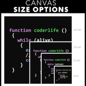 May include: A black and white image of code on a black background. The code is written in a stylized font and includes the words "function coderlife" and "while (alive)". The image is divided into four sections, each with a different size: 40"x40", 24"x24", 16"x16", and 8"x8".