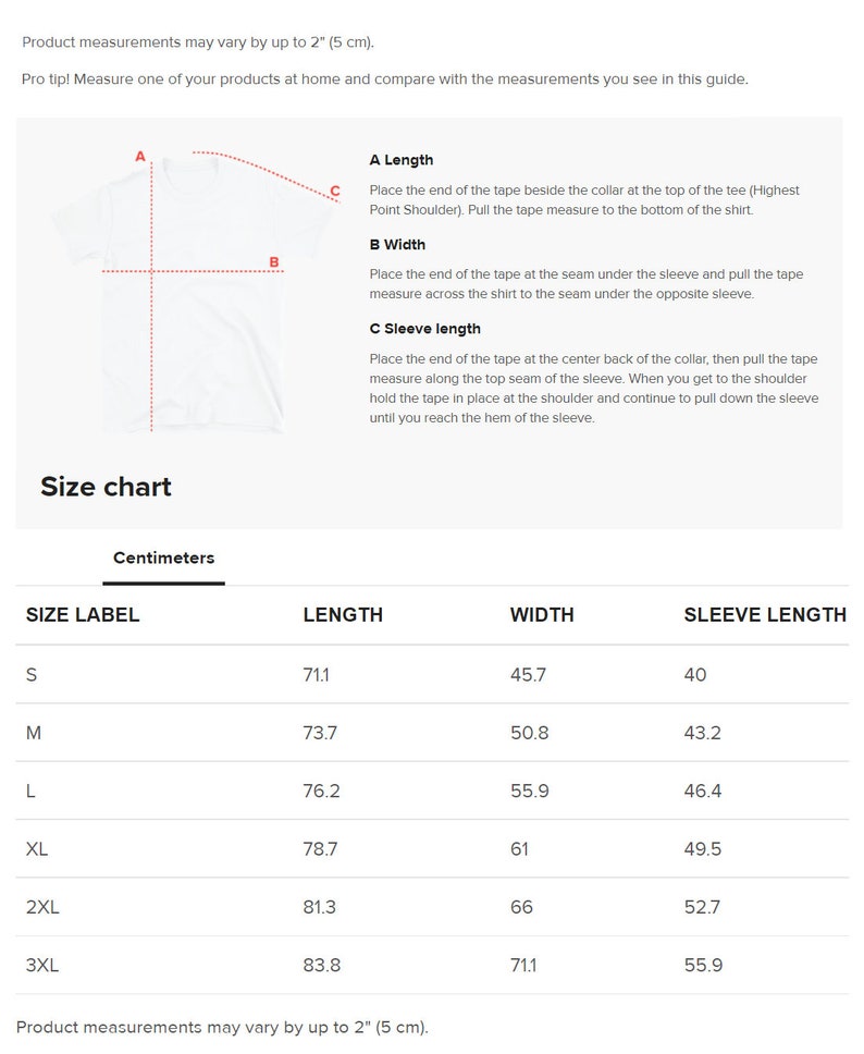 Puede incluir: Tabla de tallas para camisetas con medidas en cent&iacute;metros para la longitud, el ancho y la longitud de la manga. Las tallas incluyen S, M, L, XL, 2XL y 3XL.