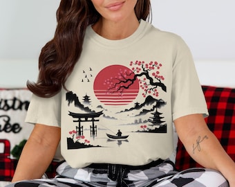Japanese Art T-Shirt, Cherry Blossom, Comfort Colors Tee, Asian Art T Shirt, Oriental Design Streetwear, Temple T-Shirt, Landscape Gift Idea