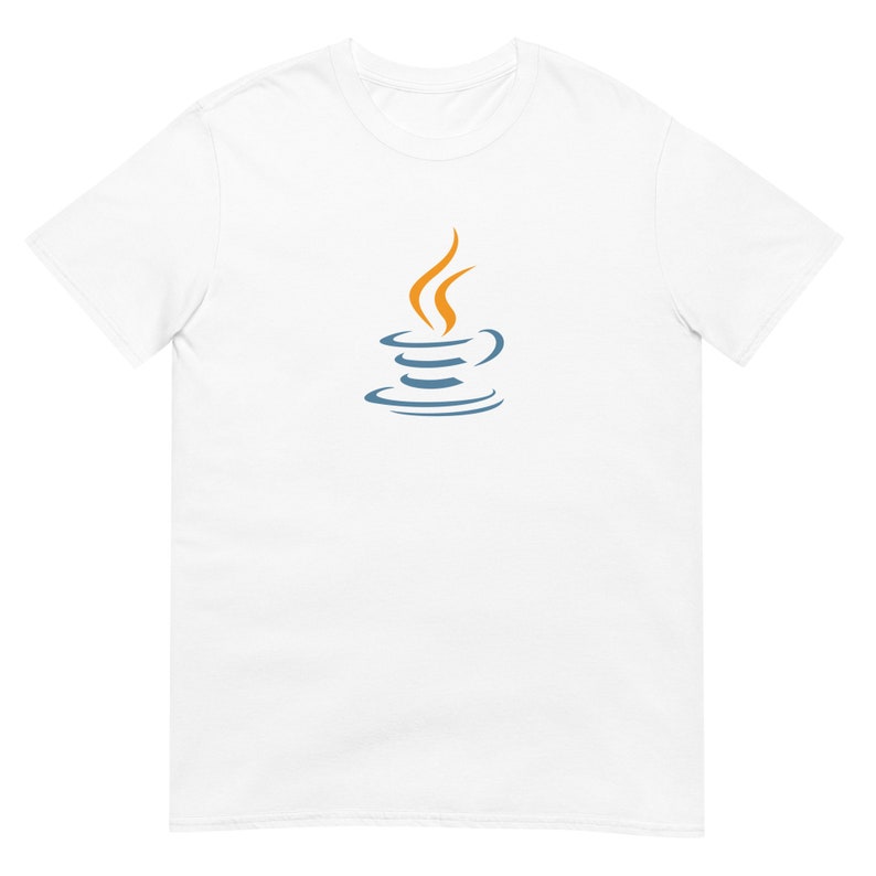 Puede incluir: Camiseta blanca con un logotipo de Java azul y naranja. El logotipo es una imagen estilizada de una taza de caf&eacute; con vapor saliendo de ella.
