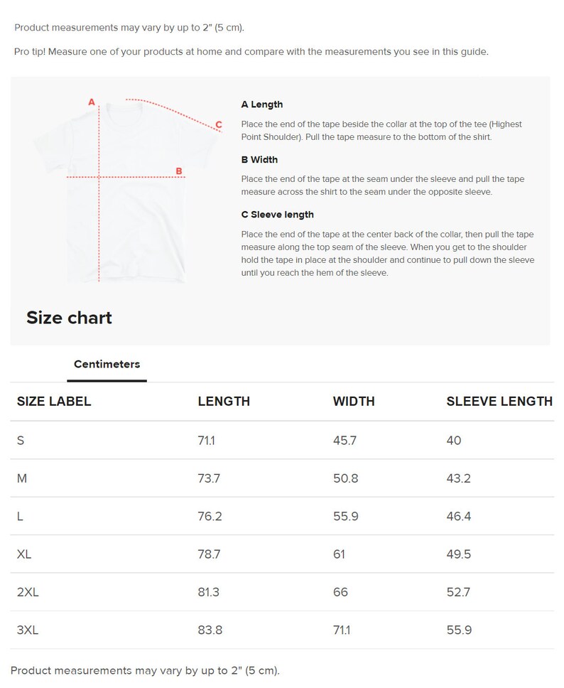Op de afbeelding: Maattabel voor T-shirts in de maten S tot en met 3XL. De tabel toont de afmetingen in centimeters voor lengte, breedte en mouwlengte.
