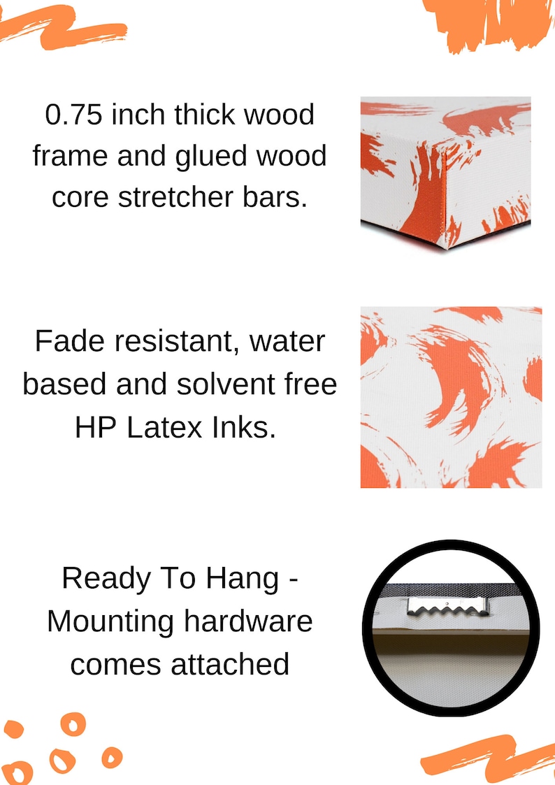 May include: A close-up of a canvas print with an abstract design in shades of orange and white. The print is mounted on a 0.75 inch thick wood frame with glued wood core stretcher bars. The print is ready to hang with mounting hardware attached.