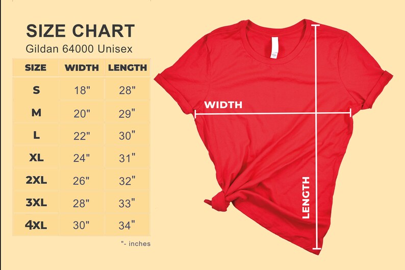 K&ouml;nnte beinhalten: Gr&ouml;&szlig;entabelle f&uuml;r Gildan 64000 Unisex-T-Shirts, mit Ma&szlig;en in Zoll f&uuml;r Breite und L&auml;nge f&uuml;r die Gr&ouml;&szlig;en S bis 4XL.