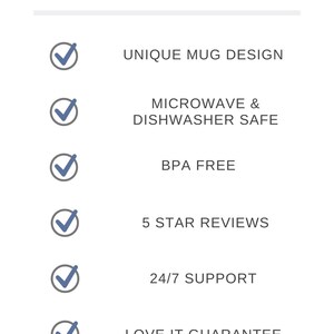 Pode incluir: Um fundo branco com um design gr&aacute;fico azul e cinza. O texto "WHY CHOOSE US?" est&aacute; no topo da imagem. Abaixo do texto, h&aacute; seis marcas de verifica&ccedil;&atilde;o com texto ao lado de cada marca de verifica&ccedil;&atilde;o. O texto ao lado das marcas de verifica&ccedil;&atilde;o diz: "UNIQUE MUG DESIGN", "MICROWAVE & DISHWASHER SAFE", "BPA FREE", "5 STAR REVIEWS", "24/7 SUPPORT" e "LOVE IT GUARANTEE".