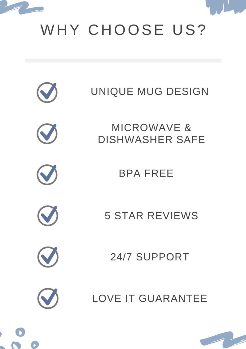 Pode incluir: Um fundo branco com um design gr&aacute;fico azul e cinza. O texto "WHY CHOOSE US?" est&aacute; no topo da imagem. Abaixo do texto, h&aacute; seis marcas de verifica&ccedil;&atilde;o com texto ao lado de cada marca de verifica&ccedil;&atilde;o. O texto ao lado das marcas de verifica&ccedil;&atilde;o diz: "UNIQUE MUG DESIGN", "MICROWAVE & DISHWASHER SAFE", "BPA FREE", "5 STAR REVIEWS", "24/7 SUPPORT" e "LOVE IT GUARANTEE".