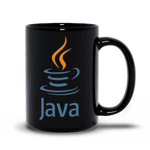 K&ouml;nnte beinhalten: Schwarze Keramik-Kaffeetasse mit einem wei&szlig;en und blauen Java-Logo. Das Logo zeigt eine stilisierte Tasse Kaffee mit aufsteigendem Dampf.