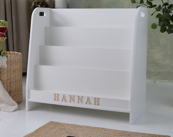 white montessori bookshelf, additional backside stoarge,  personalization, kids bookshelf, , shelf for kids, modern bookshelf,