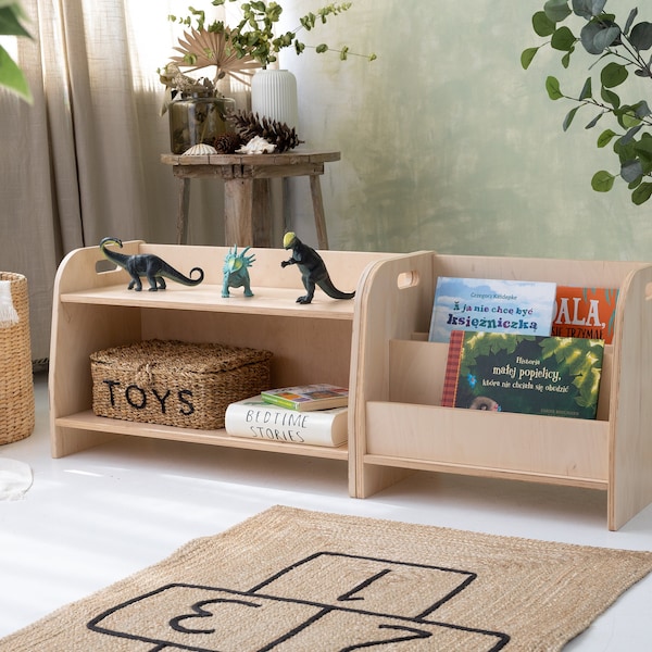SET aus 2x kleinen Montessori-Regalen, Tooller-Aufbewahrungsbuch und Spielzeugregal