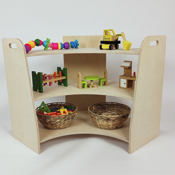 Wooden reading corner shelf, Montessori toy shelf, children storage, modern plywood shelf, kids shelf, plywood furniture,