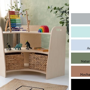 corner toyshelf, wooden cabinet, montessori toyshelf, childrens storage, modern plywood shelf, kids shelf, plywood furniture, classroom set image 10