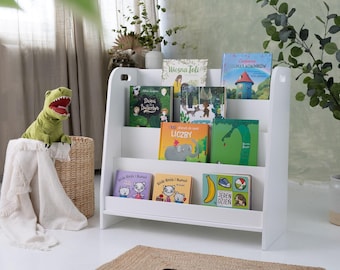 white montessori bookshelf, additional backside stoarge,  personalization, kids bookshelf, , shelf for kids, modern bookshelf,