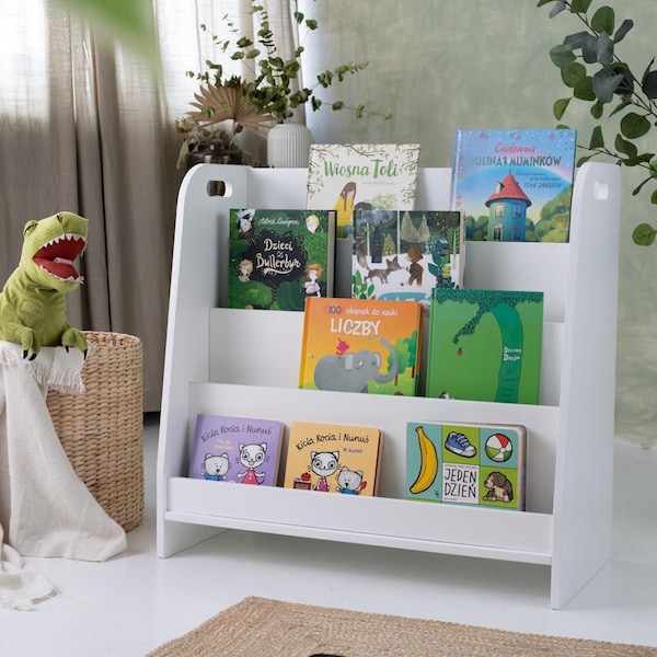 Estantería Montessori blanca, espacio de almacenamiento adicional en la parte trasera, personalización, estantería infantil, estantería para niños, estantería moderna.