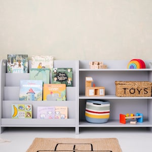 SET of 2x montessori shelves, childrens storage book case, and toyshelf Grey