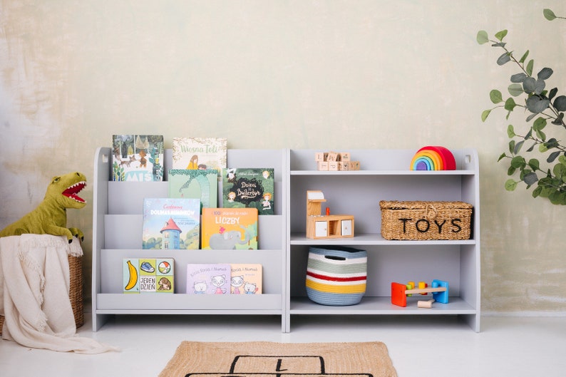 LOT de 2 étagères montessori, bibliothèque de rangement pour enfants et étagère à jouets Grey