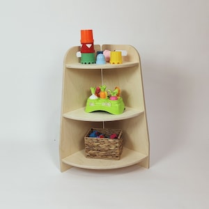 Armario de esquina, estante para juguetes de madera, contrachapado Montessori, estante para niños