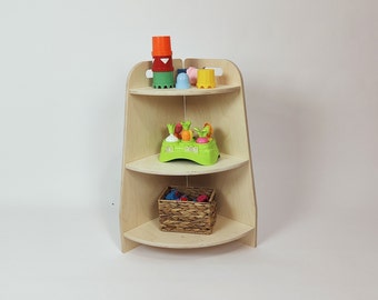 corner end cabinet, wooden toy shelf, montessori plywood, kids shelf