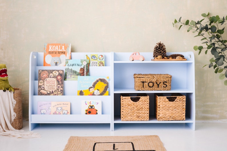 SET of 2x montessori shelves, childrens storage book case, and toyshelf Aqua blue