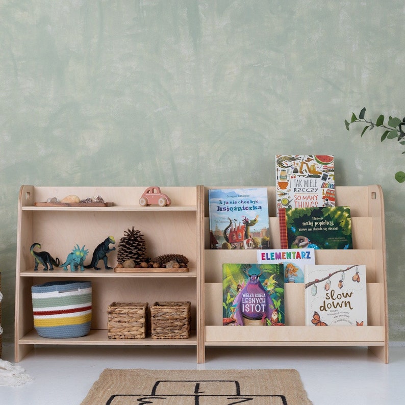 SET of 2x montessori shelves, childrens storage book case, and toyshelf Transparent varnish