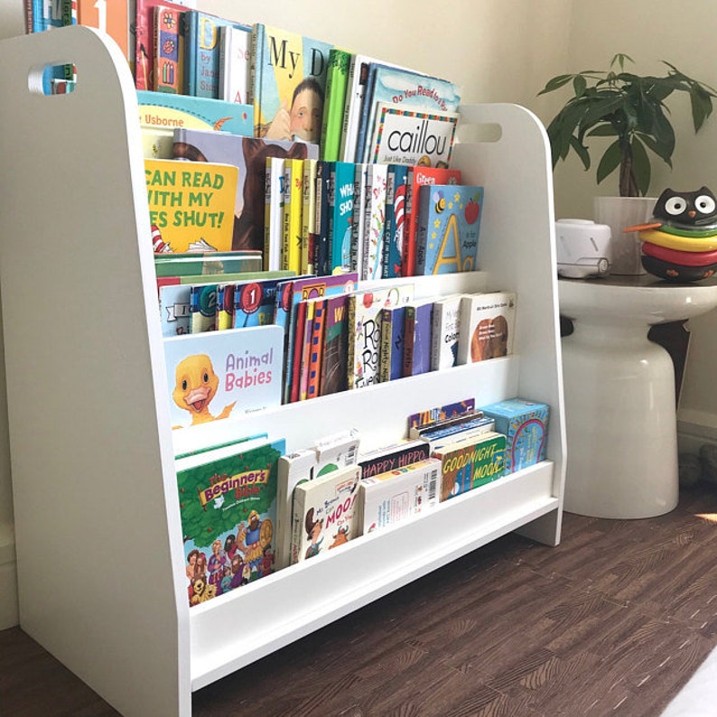 Original modular montessori shelf made from certified wood, front facing bookstorage, backside storage image 6