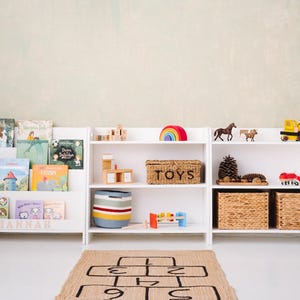 Montessori toy shelf, wooden shelf, plywood storage cabinet, modern toy shelf, toodler room, nursery arrangement White
