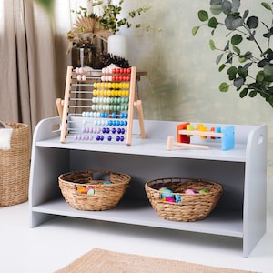 Small montessori toy shelf, toodler shelf, modern wooden furniture Grey