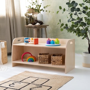 Small montessori toy shelf, toodler shelf, modern wooden furniture Transparent varnish