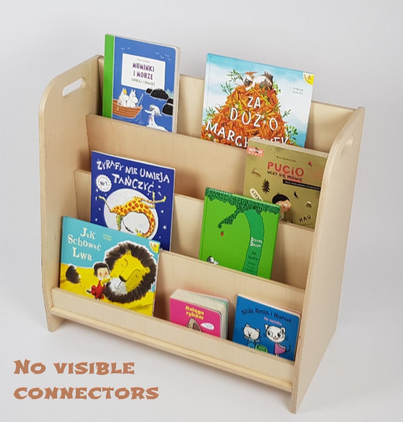 Original modular montessori shelf made from certified wood, front facing bookstorage, backside storage image 2