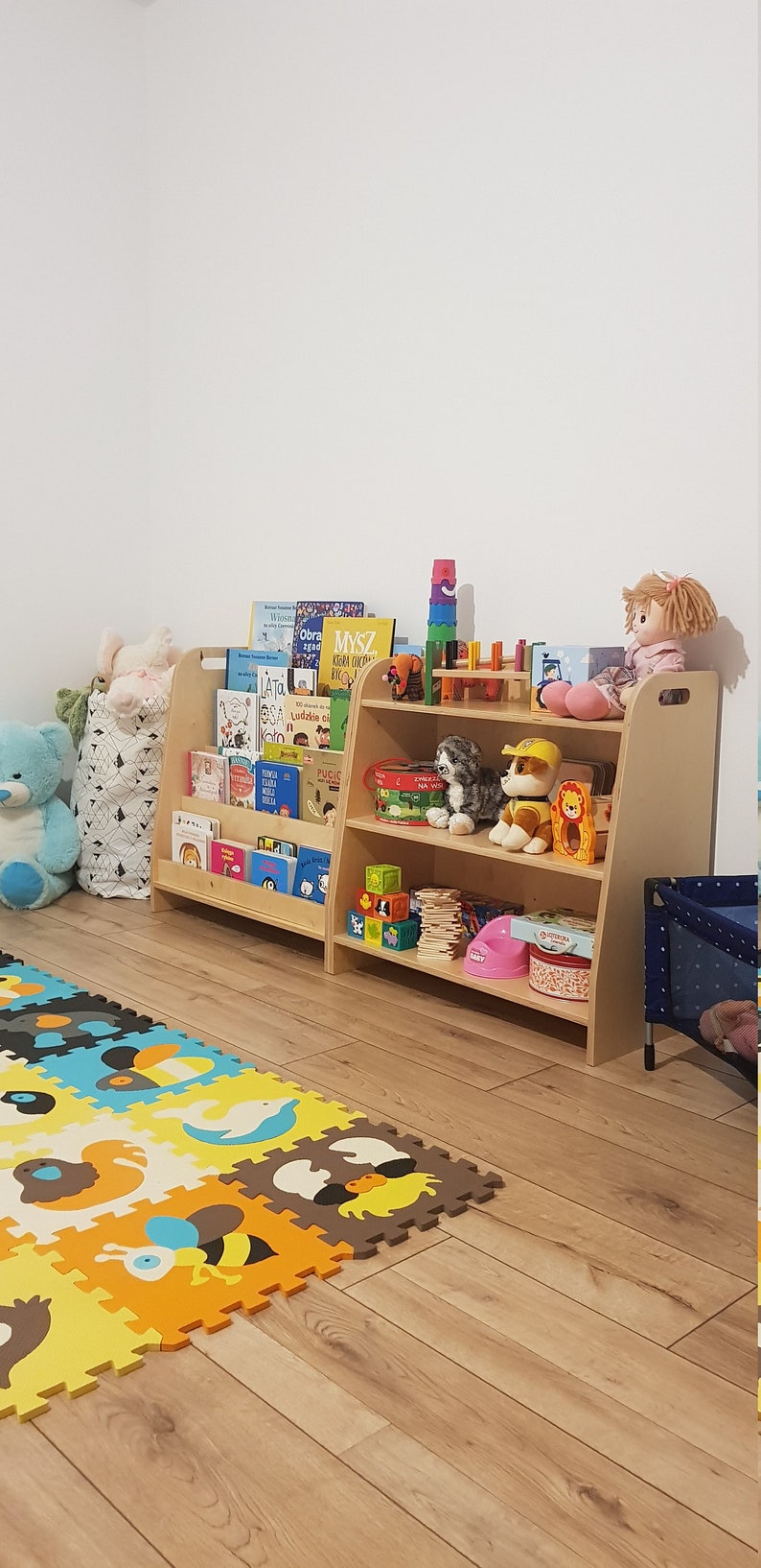 Original modular montessori shelf made from certified wood, front facing bookstorage, backside storage image 5