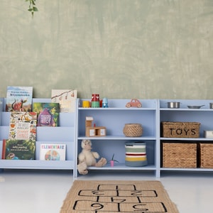 Puede incluir: Una estanter&iacute;a de color azul claro con tres estantes, que presenta una variedad de libros para ni&ntilde;os, juguetes y cestas de almacenamiento. La estanter&iacute;a est&aacute; contra una pared texturizada de color verde claro.