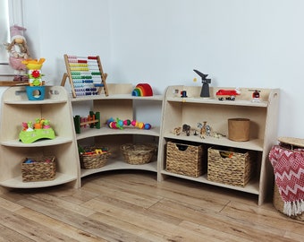 hoek speelgoedplank, houten kast, montessori speelgoedplank, kinderopslag, moderne multiplex plank, kinderplank, multiplex meubilair, klaslokaalset