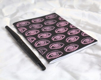 Witchy Eyes Block-Printed Unlined Journal - Pocket Grimoire - Magenta and Black Notebook