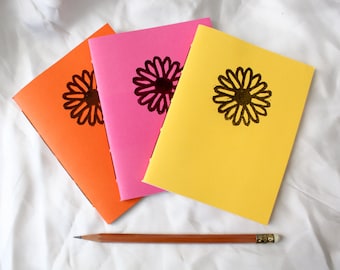 Bright Flower Pocket Notebook - Unlined Handstitched Journal in Orange, Pink, or Yellow