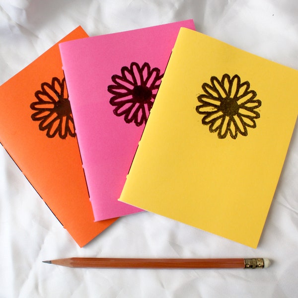 Bright Flower Pocket Notebook - Unlined Handstitched Journal in Orange, Pink, or Yellow