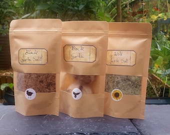 Colección para amantes del ajo. Ajo negro. Sal de ajo negro. Sal de ajo silvestre.