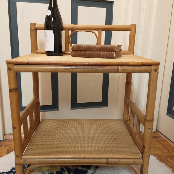 Vintage Bamboo & Rattan Shelves Shelf Unit Side Table Bedside - 1980s