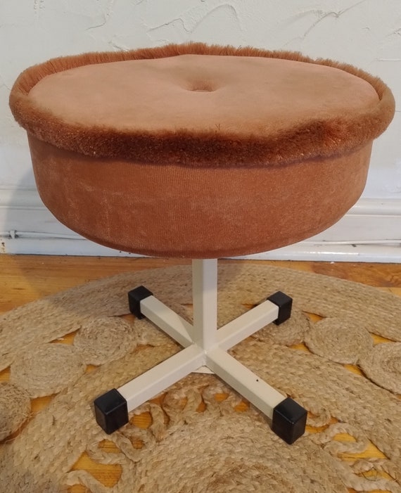pink velvet stool for dressing table Pink Velvet Footstool, Mid Century Modern Ottoman Stool, Wooden Legs, Vintage Vanity Seat | 188