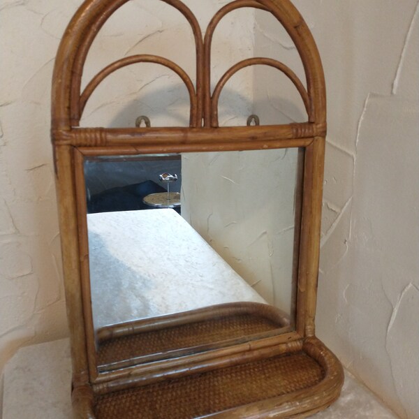 Vintage Bamboo Rattan Wall Hanging Mirror Shelf - Art Deco Style - Hall Mirror Bathroom Shelf