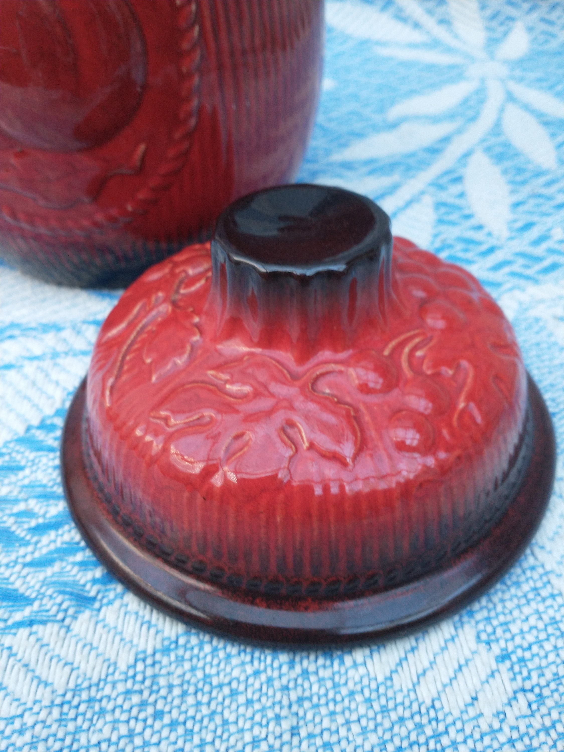 Vintage 1960s West German Ceramic Rumtopf Jar With Lid Warm Red Colour