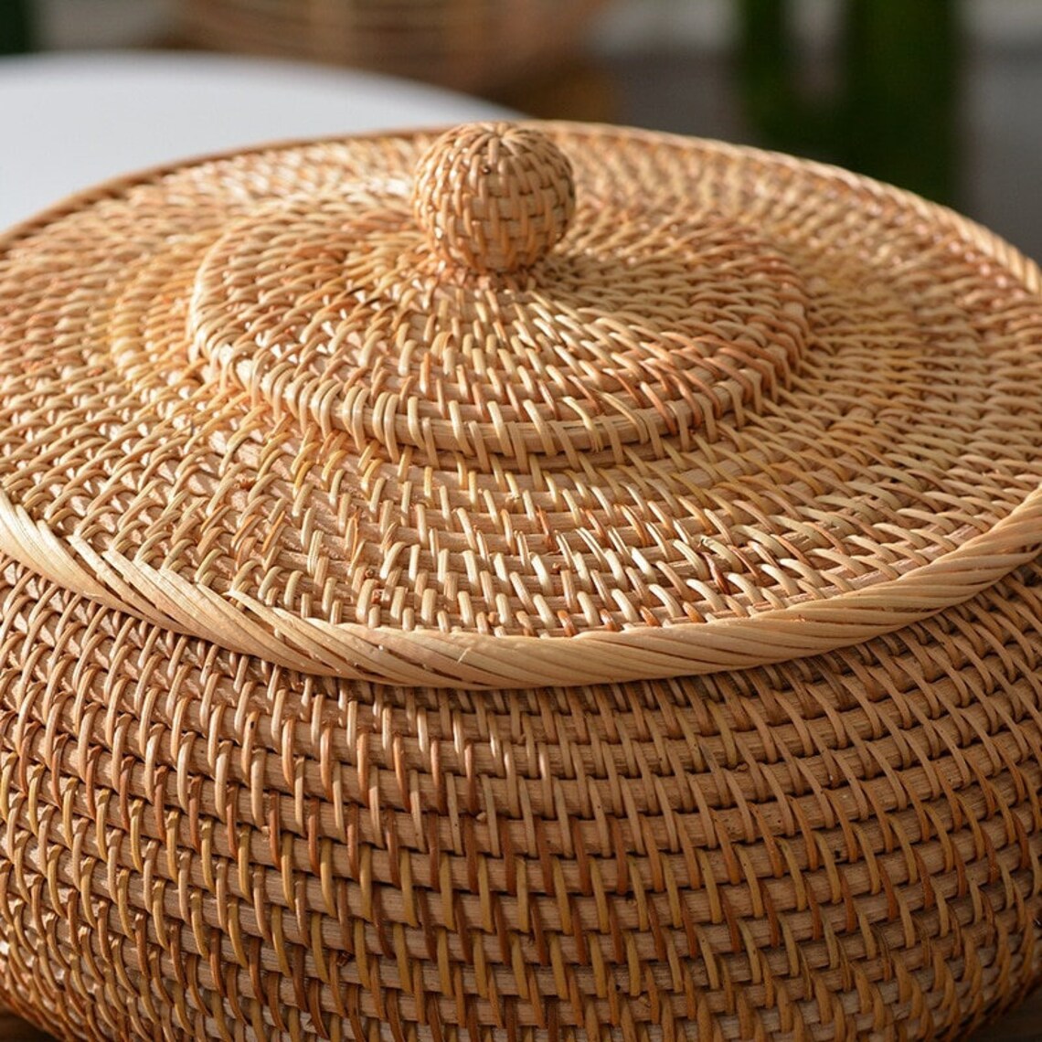 Beautiful Round Woven Basket With Lid Handwoven Stylish Etsy