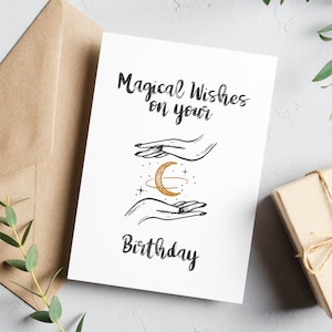 Magical Wishes Birthday Card, Witchy Gift, Pagan Present, For Friends, Bewitching, Moon And Stars, Gold Moon, Halloween Themed