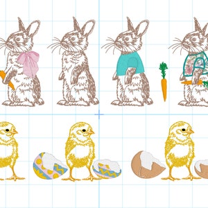Bundle of MINI Easter Bunnies and Chick Designs, each fitting a 4x4&quot; hoop, Machine Embroidery Designs. With Accessories.