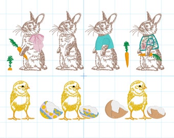 Bundle of MINI Easter Bunnies and Chick Designs, each fitting a 4x4" hoop, Machine Embroidery Designs. With Accessories.