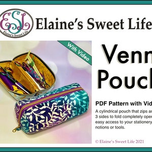 Venn Pouch PDF Sewing Pattern with Video Tutorial. A Cylindrical Zippered Pouch, Storage Case, or Make-up Bag that opens out to a tray.