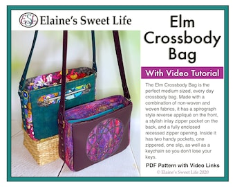 Elm Crossbody Bag PDF Sewing Pattern with Video Tutorial, Medium Sized with Fully Enclosed Zipper Top, Reverse Appliqué and Inlay Zipper.